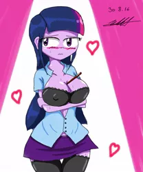 Size: 1000x1200 | Tagged: suggestive, artist:neutralchilean, derpibooru import, twilight sparkle, equestria girls, big breasts, blushing, bra, breasts, busty twilight sparkle, clothes, erect nipples, female, frilly underwear, nipple outline, open clothes, open shirt, pocky game, solo, solo female, stockings, underwear
