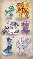 Size: 919x1631 | Tagged: safe, artist:kikirdcz, derpibooru import, oc, oc:aurora apple, oc:autumn apple, oc:illusion, oc:nightfall, oc:orchidea, oc:sunrise sparkle, unofficial characters only, earth pony, pegasus, pony, unicorn, magical lesbian spawn, offspring, parent:applejack, parent:pinkie pie, parent:rainbow dash, parent:starlight glimmer, parent:sunset shimmer, parent:trixie, parent:twilight sparkle, parents:appledash, parents:startrix, parents:sunsetsparkle, parents:twinkie