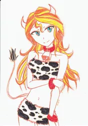 Size: 2452x3480 | Tagged: adorasexy, artist:dragonemperror2810, bandeau, bell, bell collar, belly button, clothes, collar, cosplay, costume, cowbell, cow horns, cowprint, cute, derpibooru import, female, horns, human, humanized, looking at you, midriff, miniskirt, sexy, shimmerbetes, skirt, smiling, solo, solo female, suggestive, sunset shimmer, traditional art