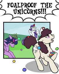 Size: 500x625 | Tagged: safe, artist:quoting_mungo, derpibooru import, nursery rhyme, rarity, twilight sparkle, twilight sparkle (alicorn), alicorn, earth pony, pony, unicorn, apple, ball, childproofing, food, horn guard, horn impalement, older, speech bubble