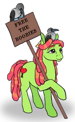 Size: 534x863 | Tagged: safe, artist:quoting_mungo, derpibooru import, tree hugger, bird, earth pony, pony, booby, protest, pun, sign, simple background, transparent background, visual pun