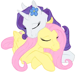 Size: 559x528 | Tagged: safe, artist:quoting_mungo, derpibooru import, fluttershy, rarity, pony, cuddling, female, flarity, flower, flower in hair, hoers, lesbian, mare, shipping, snuggling