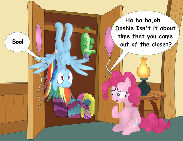 Size: 6600x5100 | Tagged: 28 pranks later, absurd resolution, artist:everesco, boo, closet, derpibooru import, dialogue, gummy, hanging, pinkie pie, pun, rainbow dash, safe