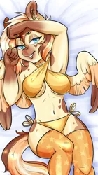Size: 1079x1920 | Tagged: anthro, anthro oc, armpits, artist:corelle-vairel, bikini, breasts, clothes, derpibooru import, female, looking at you, lying down, oc, on back, pegasus, solo, solo female, stockings, suggestive, swimsuit, unofficial characters only