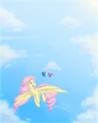 Size: 1024x1295 | Tagged: safe, artist:felcia, derpibooru import, fluttershy, butterfly, flying, looking at something, sky, solo, spread wings