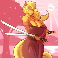 Size: 3600x3600 | Tagged: anthro, applejack, applejacked, artist:marik azemus34, bedroom eyes, big breasts, boob freckles, breasts, busty applejack, cherry blossoms, chest fluff, cleavage, clothes, derpibooru import, dual wield, female, huge breasts, katana, kimono (clothing), looking at you, muscles, samurai, samurai applejack, solo, solo female, suggestive, sword, tree, water, weapon