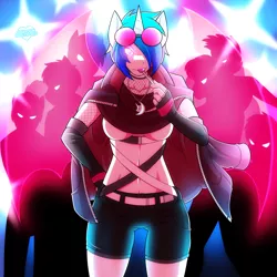 Size: 3600x3600 | Tagged: anthro, artist:marik azemus34, bat wings, belly button, belts, breasts, busty vinyl scratch, candy, clothes, coat, crowd, demon, demonic eyes, derpibooru import, female, fishnets, food, glowing eyes, lollipop, looking at you, nightclub, rave, shorts, succubus, suggestive, underboob, vinyl scratch