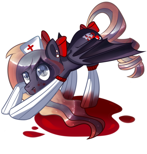 Size: 800x837 | Tagged: semi-grimdark, artist:xvivido, derpibooru import, oc, oc:nighthaunt, unofficial characters only, bat pony, pony, blood, cute, grimcute, hat, nurse hat, tail bow