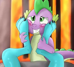 Size: 1280x1162 | Tagged: artist:jimfoxx, barefoot, blushing, derpibooru import, dragon, emberspike, feet, feet on face, female, fetish, foot fetish, male, offscreen character, paw fetish, princess ember, shipping, smiling, spike, straight, suggestive