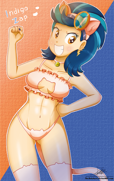 Size: 1595x2527 | Tagged: suggestive, artist:the-butch-x, derpibooru import, indigo zap, equestria girls, friendship games, abs, abstract background, armpits, bell, bell collar, belly button, blushing, boob window, bra, breasts, busty indigo zap, butch's shadow cat lingerie, cat bell, cat ears, cat keyhole bra set, cat lingerie, cat tail, cat underwear, cleavage, clothes, collar, crop top bra, crystal prep shadowbolts, ear piercing, earring, female, fist, frilly underwear, goggles, grin, hand on hip, heart, heart eyes, jewelry, lingerie, looking at you, orange underwear, panties, piercing, sexy, shadowcat lingerie, smiling, solo, solo female, stockings, stupid sexy indigo zap, thigh highs, thighs, underass, underwear, wingding eyes