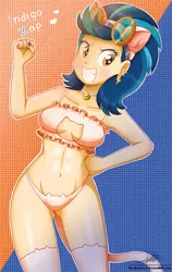 Size: 1595x2527 | Tagged: suggestive, artist:the-butch-x, derpibooru import, indigo zap, equestria girls, friendship games, abs, abstract background, armpits, bell, bell collar, belly button, blushing, boob window, bra, breasts, busty indigo zap, butch's shadow cat lingerie, cat bell, cat ears, cat keyhole bra set, cat lingerie, cat tail, cat underwear, cleavage, clothes, collar, crop top bra, crystal prep shadowbolts, ear piercing, earring, female, fist, frilly underwear, goggles, grin, hand on hip, heart, heart eyes, jewelry, lingerie, looking at you, orange underwear, panties, piercing, sexy, shadowcat lingerie, smiling, solo, solo female, stockings, stupid sexy indigo zap, thigh highs, thighs, underass, underwear, wingding eyes