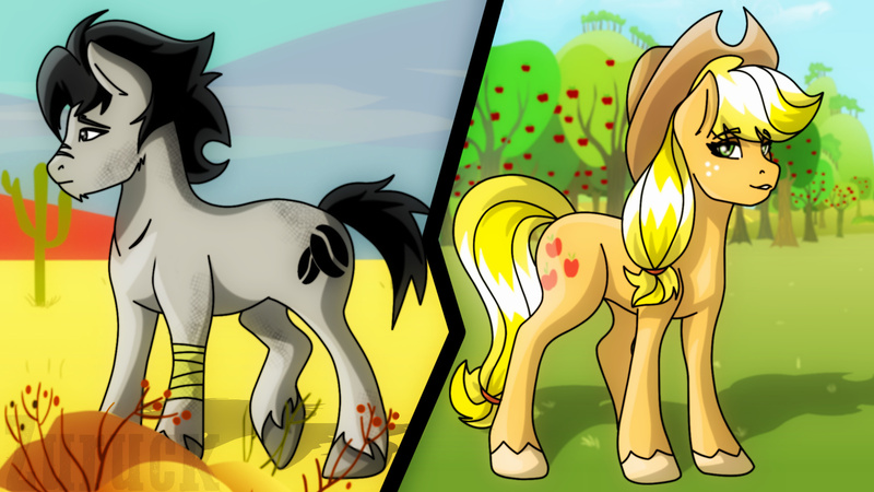 Size: 1920x1080 | Tagged: safe, artist:ciderpunk, artist:zuruck, derpibooru import, applejack, oc, oc:coldbrewcoffee, apple tree, canon x oc, desert, scar, shipping, teenager