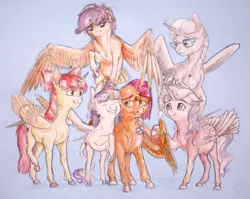 Size: 2697x2143 | Tagged: safe, artist:cuttledreams, derpibooru import, apple bloom, babs seed, diamond tiara, scootaloo, silver spoon, sweetie belle, alicorn, pony, alicornified, bloomicorn, cutie mark, cutie mark crusaders, everyone is an alicorn, female, filly, race swap, scootacorn, silvercorn, sweetiecorn, the cmc's cutie marks, this will end in tears and/or death and/or covered in tree sap, tiaracorn, xk-class end-of-the-world scenario