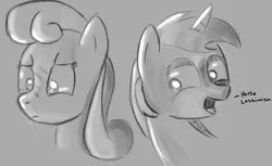 Size: 1280x785 | Tagged: artist:itsthinking, bon bon, bon bon is not amused, bust, derpibooru import, dialogue, gray background, grayscale, implied lesbian, lyra heartstrings, monochrome, open mouth, portrait, simple background, smiling, suggestive, sweetie drops, upset