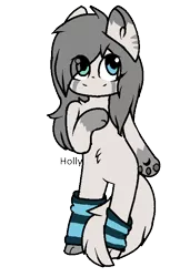 Size: 511x746 | Tagged: artist:oreocat472, belly, blue eyes, cat pony, clothes, derpibooru import, digital art, ear fluff, female, fluffy, gray mane, green eyes, grey fur, grey hair, heterochromia, leg warmers, oc, original species, paw pads, paws, safe, simple background, socks, solo, striped socks, transparent background, tummy fluff, underpaw, unofficial characters only