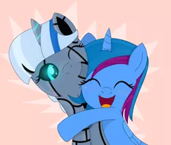 Size: 1024x863 | Tagged: safe, artist:silvershadowmirror, derpibooru import, twilight sparkle, oc, oc:sapphire sky, oc:twibot, unofficial characters only, pony, robot, robot pony, unicorn, eyes closed, hug, oc x oc, open mouth, shipping, smiling