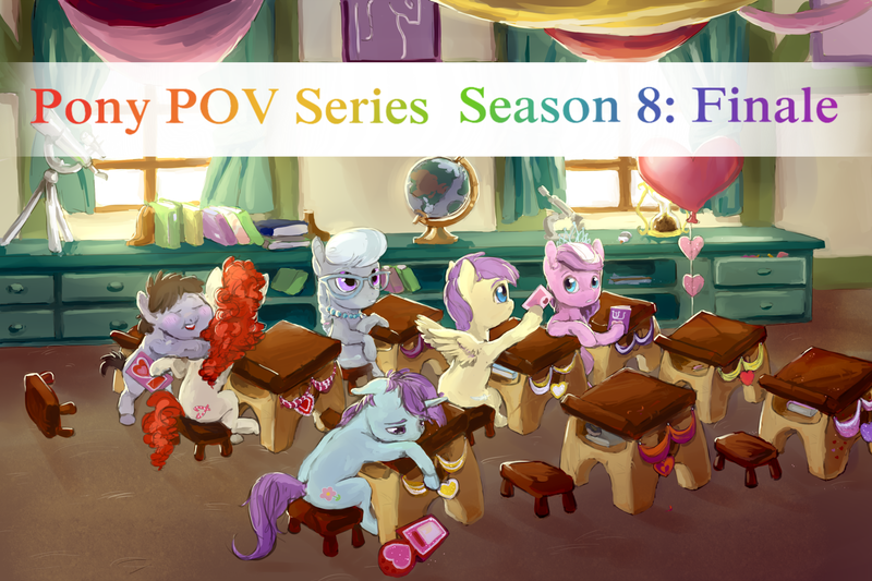 Size: 1500x1000 | Tagged: safe, artist:cuttledreams, derpibooru import, alula, diamond tiara, liza doolots, petunia, silver spoon, tootsie flute, truffle shuffle, twist, pony, pony pov series, background pony, classroom, colt, female, filly, hearts and hooves day, male