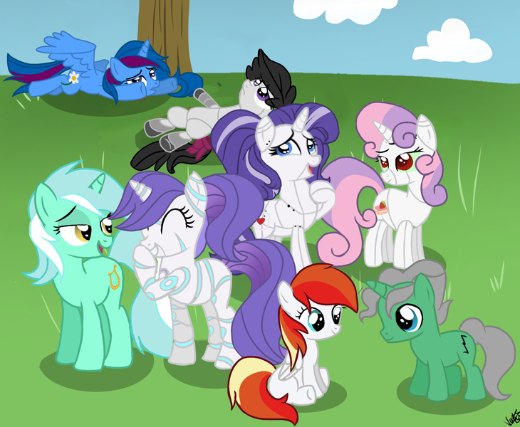 Size: 1217x1000 | Tagged: safe, artist:darkpathwalker9900, derpibooru import, lyra heartstrings, sweetie belle, oc, oc:dazzling gem, oc:emerald symphony, oc:raribot, oc:raribot jr, oc:robobloom, oc:sapphire sky, alicorn, pegasus, pony, robot, robot pony, unicorn, alicorn oc, cloud, cutie mark, eyes closed, family, female, filly, foal, hooves, horn, kids, lying down, mare, married, on back, open mouth, prone, raribot, sitting, solo, spread wings, standing, sweetie bot, tree, wings