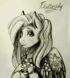 Size: 720x802 | Tagged: artist:ciderpunk, artist:zuruck, black and white, clothes, coffee, derpibooru import, fluttershy, grayscale, monochrome, safe, scarf