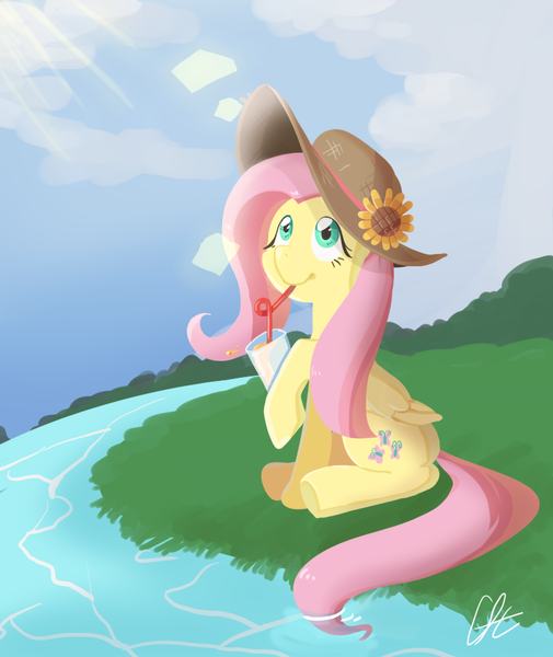 Size: 800x950 | Tagged: artist:cofotory, crepuscular rays, cute, derpibooru import, drinking, drinking straw, flower in hat, fluttershy, folded wings, hat, hoof hold, looking up, river, safe, shyabetes, sitting, solo, weapons-grade cute