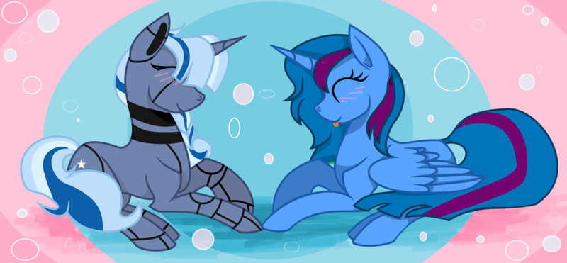 Size: 1024x475 | Tagged: safe, artist:hovesoffire48, derpibooru import, oc, oc:sapphire sky, oc:twibot, unofficial characters only, alicorn, pony, robot, robot pony, alicorn oc, female, lesbian, mare, oc x oc, shipping