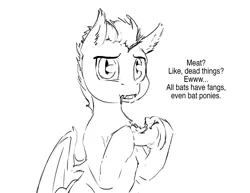 Size: 1280x989 | Tagged: safe, artist:silfoe, derpibooru import, oc, oc:pterus, unofficial characters only, bat pony, pony, other royal book, royal sketchbook, adopted offspring, apple, black and white, dialogue, eating, fangs, food, grayscale, looking at you, monochrome, parent:princess luna, parent:twilight sparkle, parents:twiluna, simple background, sketch, speech bubble, white background