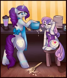Size: 1500x1750 | Tagged: safe, artist:fur-what-loo, derpibooru import, sweetie belle, oc, oc:raribot, pony, robot, robot pony, unicorn, apron, baking, bipedal, bipedal leaning, clothes, cutie mark, female, filly, foal, hooves, horn, leaning, mare, naked apron, raribot, sisters, sitting, smiling, solo, sweetie bot, teeth