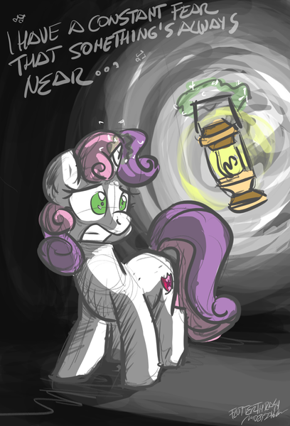 Size: 1826x2685 | Tagged: artist:flutterthrash, cutie mark, derpibooru import, dialogue, fear, fear of the dark, iron maiden, lantern, newbie artist training grounds, safe, solo, song reference, sweetie belle, the cmc's cutie marks