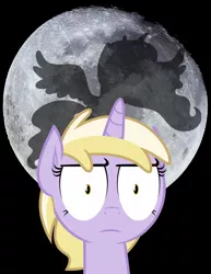 Size: 790x1024 | Tagged: artist:starlessnight22, artist:zutheskunk edits, derpibooru import, dinky hooves, fanfic, fanfic art, fanfic cover, fimfiction, moon, princess luna, safe, serious face, silhouette