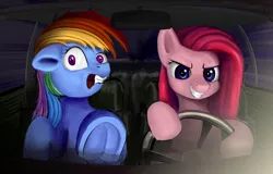 Size: 1000x640 | Tagged: safe, artist:xbi, derpibooru import, pinkie pie, rainbow dash, pony, car, driving, frog (hoof), pinkamena diane pie, planes trains and automobiles, scared, tabun art-battle finished after, underhoof