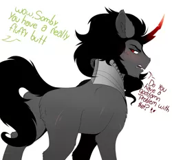 Size: 2150x2000 | Tagged: safe, artist:evehly, derpibooru import, king sombra, pony, unicorn, blushing, dialogue, embarrassed, fluffy, looking back, male, offscreen character, open mouth, plot, red eyes, solo, sombutt, text, vulgar