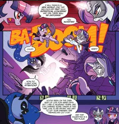 Size: 1356x1407 | Tagged: safe, artist:tonyfleecs, derpibooru import, idw, nightmare moon, rarity, twilight sparkle, twilight sparkle (alicorn), alicorn, pony, ponies of dark water, spoiler:comic, spoiler:comic45, cape, cloak, clothes, comic, cropped, doctor doomity, ethereal mane, female, glowing horn, helmet, hood, horn, mare, mask, nightmare moon glamour, official comic, peytral, red eyes, scarf, speech bubble, starry mane