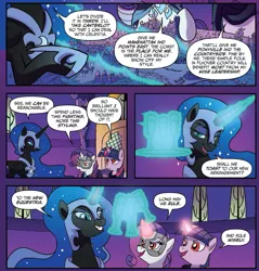 Size: 1333x1395 | Tagged: safe, artist:tonyfleecs, derpibooru import, idw, nightmare moon, rarity, twilight sparkle, twilight sparkle (alicorn), alicorn, pony, unicorn, ponies of dark water, spoiler:comic, spoiler:comic45, comic, cropped, cutie map, doctor doomity, drinking glass, ethereal mane, female, glass, magic, magic aura, mare, mask, nightmare moon glamour, official comic, red eyes, speech bubble, starry mane, telekinesis, toasting