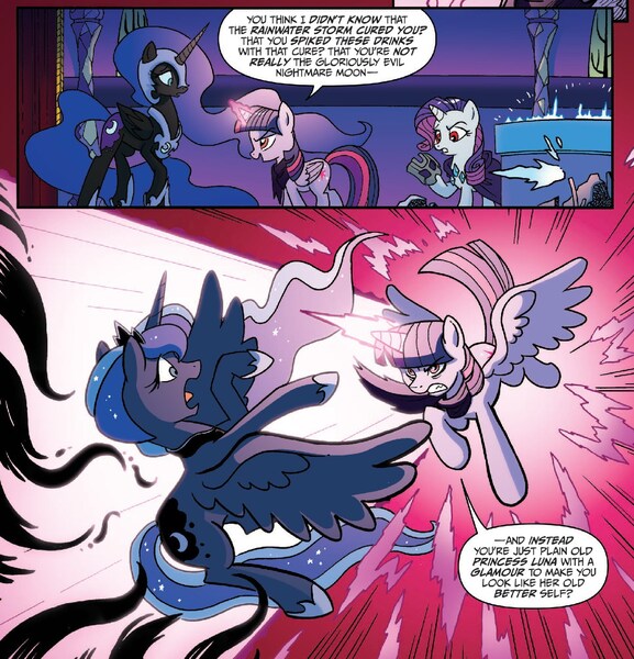 Size: 1360x1414 | Tagged: safe, artist:tonyfleecs, derpibooru import, idw, nightmare moon, princess luna, rarity, twilight sparkle, twilight sparkle (alicorn), alicorn, pony, ponies of dark water, spoiler:comic, spoiler:comic45, armor, blast, cape, clothes, comic, cropped, duo, ethereal mane, female, magic, magic blast, mare, mask, nightmare moon glamour, official comic, red eyes, scarf, speech bubble, starry mane