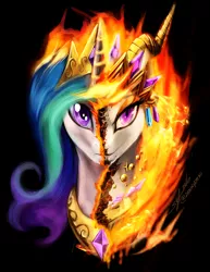 Size: 900x1165 | Tagged: safe, artist:slifertheskydragon, derpibooru import, nightmare star, princess celestia, pony, duality, evil, female, fire, good, looking at you, mare, signature, solo, teepublic