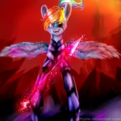 Size: 1024x1024 | Tagged: alternate hairstyle, armor, artist:glittypie, crossover, derpibooru import, eyepatch, open mouth, rainbow dash, rainbowdyne, safe, solo, spear, undertale, undyne