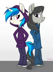 Size: 1024x1382 | Tagged: dead source, safe, artist:flourret, derpibooru import, octavia melody, vinyl scratch, anthro, earth pony, unguligrade anthro, unicorn, clothes, ear fluff, female, hands in pockets, hoodie, lidded eyes, mare, missing accessory, neck fluff, pants, signature, smiling, standing