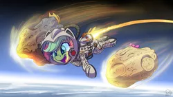 Size: 3264x1836 | Tagged: applejack, applejack's hat, applejack's parents, artist:pirill, astronaut, bowtie, clothes, cowboy hat, derpibooru import, floating, hat, meteor, newbie artist training grounds, safe, space, spacesuit, wide smile