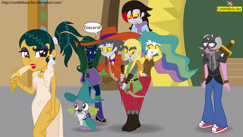 Size: 5739x3228 | Tagged: safe, artist:conikiblasu-fan, derpibooru import, big macintosh, cleopatra jazz, discord, fluttershy, princess celestia, spike, dog, unicorn, dungeons and discords, equestria girls, absurd resolution, banana, boots, captain wuzz, clothes, discord's celestia face, equestria girls interpretation, equestria girls-ified, food, garbuncle, opposite fluttershy, race swap, scene interpretation, self ponidox, shoes, sir mcbiggen, skirt, socks, spike the dog, unicorn big mac, zoot suit