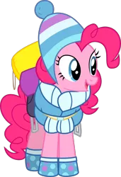 Size: 2392x3500 | Tagged: safe, artist:limedazzle, derpibooru import, pinkie pie, earth pony, pony, dungeons and discords, bags, clothes, female, mare, open mouth, simple background, smiling, solo, transparent background, vector, winter outfit