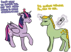 Size: 659x487 | Tagged: safe, artist:quoting_mungo, derpibooru import, twilight sparkle, twilight sparkle (alicorn), oc, oc:marigold field, alicorn, pony, unicorn, magic, newspaper, raised hoof, telekinesis