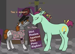 Size: 1055x767 | Tagged: safe, artist:quoting_mungo, derpibooru import, oc, oc:lucky charm, oc:omnislut, unofficial characters only, earth pony, pony, unicorn, clothes, duo, eyes closed, glasses, mouth hold