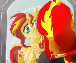 Size: 600x500 | Tagged: safe, artist:uas-art, derpibooru import, sunset shimmer, pony, equestria girls, away from viewer, clothes, courtyard, crying, homesick shimmer, leather jacket, pedestal, portal, reflection