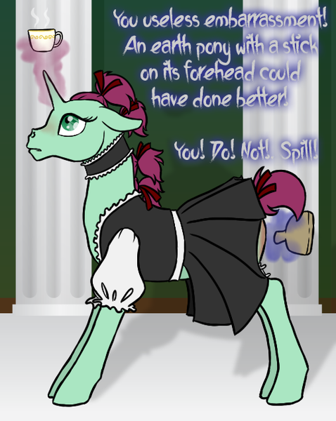 Size: 507x637 | Tagged: semi-grimdark, suggestive, artist:quoting_mungo, derpibooru import, oc, oc:lucky charm, unofficial characters only, pony, unicorn, blushing, clothes, cup, female, levitation, magic, maid, mare, paddle, slave, solo, spanking, teacup, telekinesis, verbal abuse