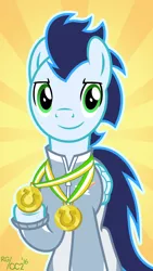 Size: 2160x3840 | Tagged: safe, artist:chainchomp2, derpibooru import, soarin', pegasus, pony, clothes, cute, high res, looking at you, male, medal, signature, soarinbetes, solo, stallion, sunburst background, vector, warmup suit