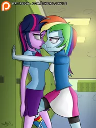 Size: 1200x1600 | Tagged: suggestive, artist:thealjavis, derpibooru import, rainbow dash, twilight sparkle, equestria girls, breasts, clothes, female, females only, kabedon, leg love, lesbian, looking at each other, shipping, skirt, smiling, twidash
