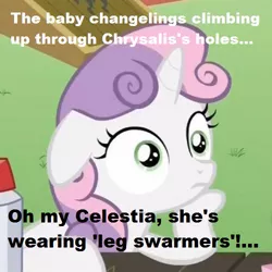 Size: 500x500 | Tagged: caption, derpibooru import, edit, edited screencap, exploitable meme, image macro, larva, meme, pun, queen chrysalis, safe, screencap, solo, sudden clarity sweetie belle, sweetie belle, the times they are a changeling