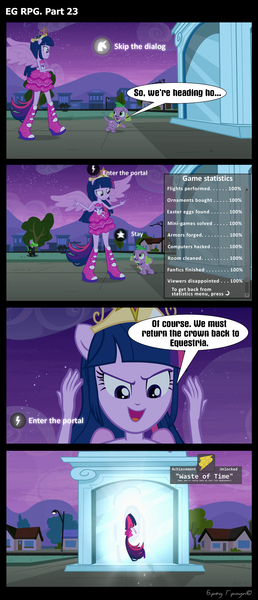 Size: 1288x3000 | Tagged: safe, artist:bredgroup, derpibooru import, gummy, spike, twilight sparkle, twilight sparkle (alicorn), comic:eg rpg, equestria girls, big crown thingy, boots, comic, fall formal outfits, high heel boots, jewelry, ponied up, ponytail, regalia, screencap comic, telltale games, wings