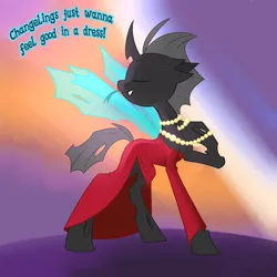 Size: 600x600 | Tagged: safe, artist:dinkelion, derpibooru import, oc, oc:doppel, unofficial characters only, changeling, changeling oc, clothes, crossdressing, dress, green tongue, jewelry, male, necklace, pearl necklace, red dress, solo, tongue out
