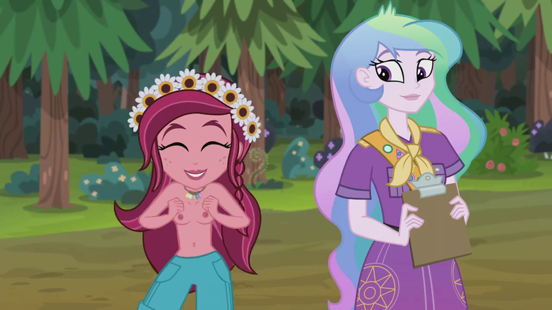 Size: 1000x563 | Tagged: questionable, derpibooru import, edit, edited screencap, screencap, gloriosa daisy, princess celestia, equestria girls, legend of everfree, belly button, breasts, clipboard, clothes, female, females only, freckles, jeans, jewelry, magical geodes, necklace, nipples, nude edit, nudity, pants, partial nudity, partial nudity edit, principal celestia, shorts, topless, wreath